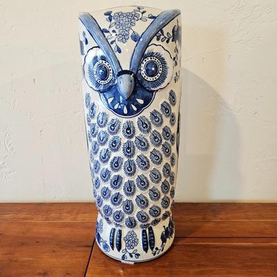 Lot #103 - Large Blue & White Ceramic Owl Umbrella Stand – Hand-Painted Decorative Figurine, Delft Style