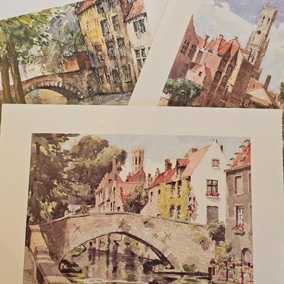 Lot #71 - Set of 3 European Village Watercolor Art Prints – Charming Bridge & Old Town Scene, Vintage Wall Decor