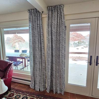 Lot #145 - Set of 8 of Ballard Designs Modern Blue & White Patterned Curtains – Long Window Panels, Contemporary Drapes