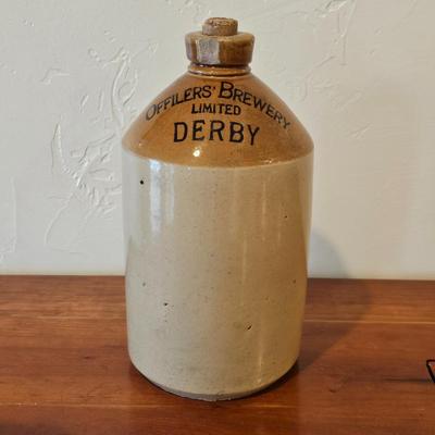 Lot #106 - Antique Offilers’ Brewery Derby Stoneware Jug – British Pottery Beer Crock w/ Cork