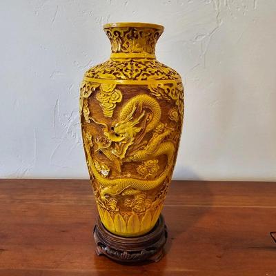 Lot #105 - Large Carved Oriental Dragon Cinnabar Vase in Tangerine w/ Stand – Asian Relief Pottery, Yellow Glaze