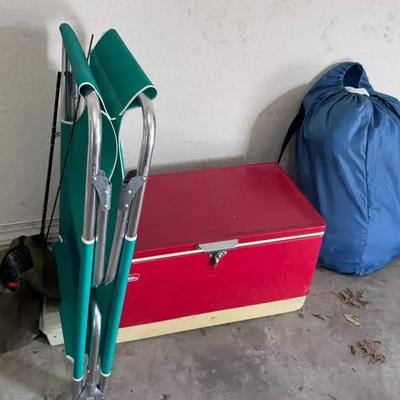 Cot And Aero Mattress, Coleman Ice Chest, Fishing Poles, Reels And Tackle Box