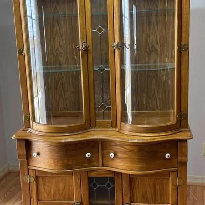 Two-Piece Lighted China Hutch with Glass Doors & Storage, solid wood, changing table/dresser/cabinet