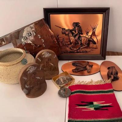 Native Prints, Belt Buckles, Bookends and Ceramic Planter with Rope