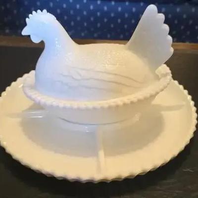 Milk Glass 10'' Relish w/ Hen on Nest Top (1962)