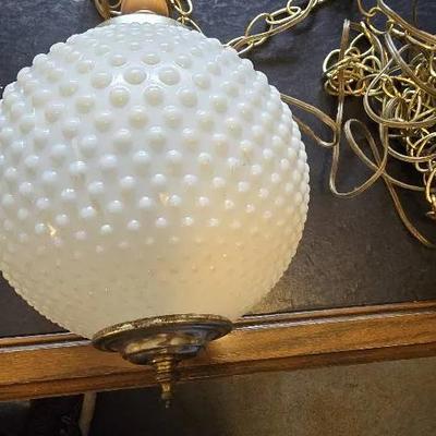 Vintage Swag Ceiling Light Fixture - Hobnail Milk Glass & Brass
