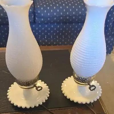 2 Vintage Hurricane Shaped Milk Bubble Glass Electric Table Lamp Set