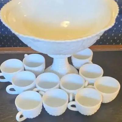 Vintage McKee Milk Glass Pedestal Concord Punch Bowl And Cup Set