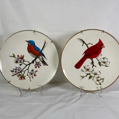 Pair of Vintage Bird-Themed Decorative Plates – Cardinal & Bluebird Floral Designs