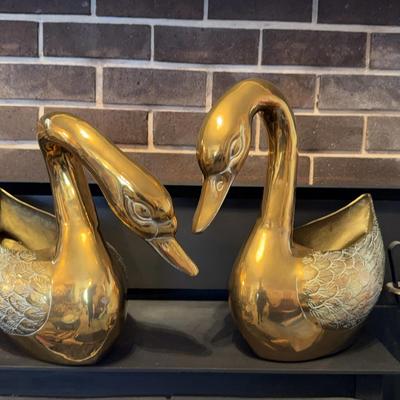 Set Of Large Brass Swan Planters 