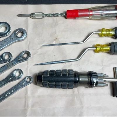 Mixed Hand Tool Lot – Ratcheting Wrenches, Screwdrivers, Picks & Mr. Ratchet Socket Set