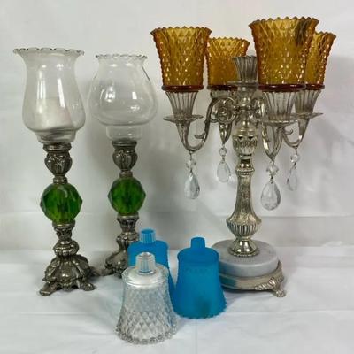 Vintage Candleholder Lot – 2 Tall Hurricane Holders w/ Green Glass Stems + Amber Hobnail Candelabra 