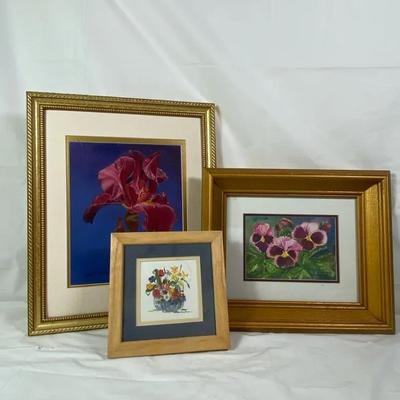 Set of 3 Framed Floral Art Prints (Iris, Pansies & Still-Life Flowers)