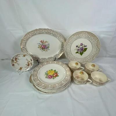Vintage Mixed Floral China Dinnerware Lot – 22K Gold Trim – Platters, Plates, Teacups – 