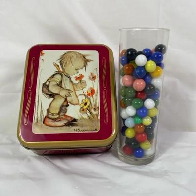 Hummel-Style Tin w/ Colorful Glass Marbles Lot