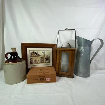 Rustic Farmhouse Décor Lot – Stoneware Jug, Framed Barn Print, Wooden Box, Lantern & Metal Pitcher