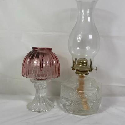 Glass Lamp Pair – Cranberry/Pink Boudoir Lamp & Clear Kerosene/Oil Lamp w/ Brass Burner Chimney