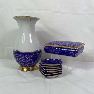 Dresden-Style Cobalt Blue Porcelain Lot – Vase, Trinket Box & 6 Square Dishes – Gold Filigree – “Dre