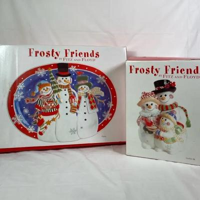 Fitz & Floyd “Frosty Friends” Snowman Cookie Jar & Serving Platter Set in Boxes