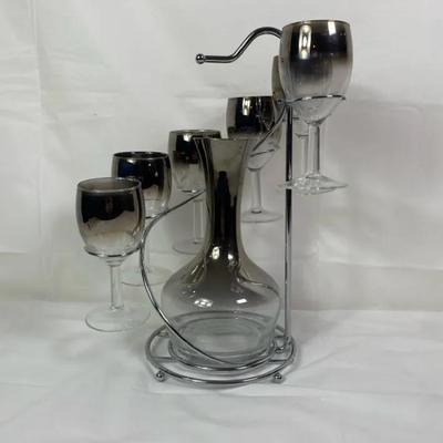 Smoky Glass Wine Decanter Set w/ 6 Silver-Fade Goblets & Metal Caddy Rack