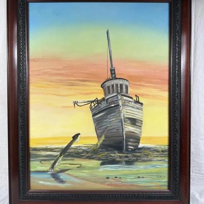 The Nancy at Low Tide — Framed Coastal Sunset Painting by J. Holt