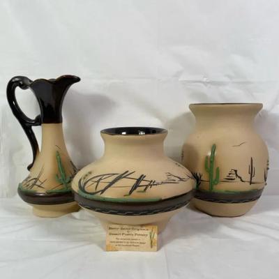 3-Piece Desert Pueblo Pottery Set – Southwest Cactus Scene Pitcher & Vases