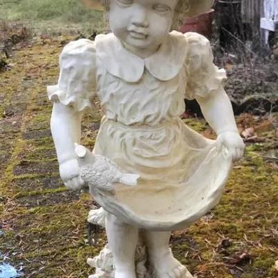 Girl with Bird Garden Statue – Concrete Bird Bath or Feeder, 23” Tall