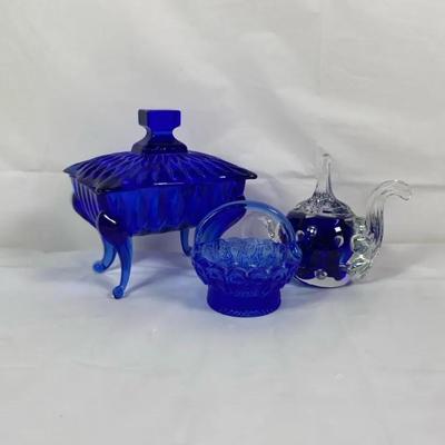 Cobalt Blue Art Glass Lot – Footed Lidded Candy Dish, Basket Bowl & Elephant Figurine