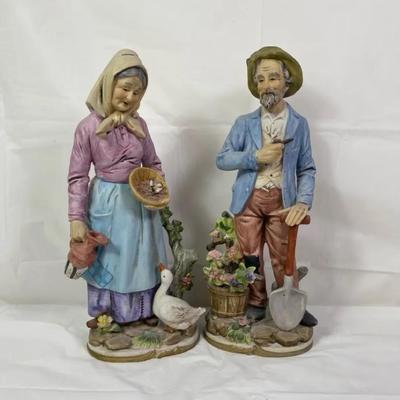 Homco Porcelain Elderly Garden Couple Figurines w/ Goose & Shovel – Hand-Painted Country Decor Pair