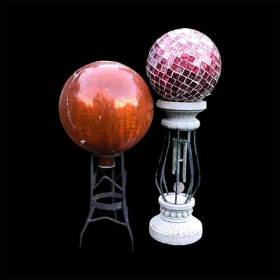 Glass Garden Globes with Metal & Concrete Stands – One Wind Chime, One Repaired