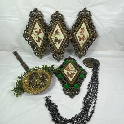 Vintage Butterfly Wall Plaque Lot – 4 Ornate Hanging Decor Pieces w/ Brass & Chain Accessories