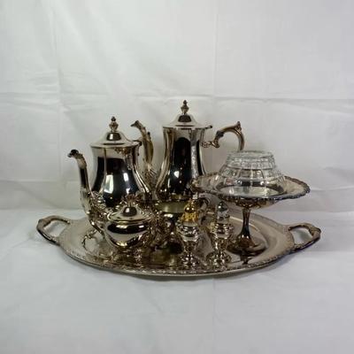 Silverplate Tea & Coffee Service Set w/ Tray, Pots, Creamer/Sugar