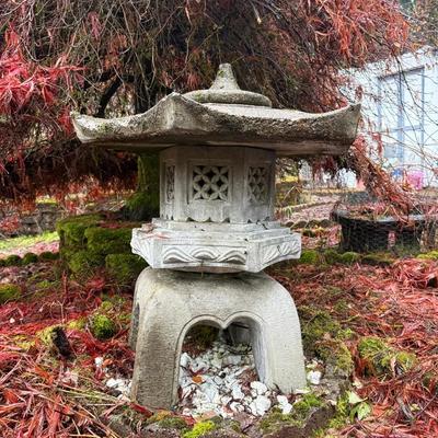 Large Concrete Japanese Pagoda Garden Lantern Statue – 30” H x 24” W, Weathered Gray