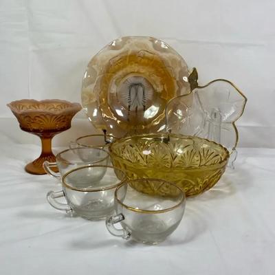 Vintage Amber & Clear Gold-Rim Glassware Lot – Bowls, Platter, Compote & Cups