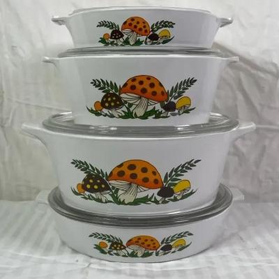 Vintage Mushroom Casserole/Baking Dish Set w/ Glass Lids – 4 Piece Nesting Ceramic Cookware