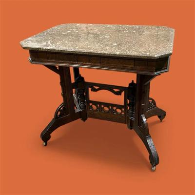 Antique Eastlake Victorian Era Parlor Side Table With Marble Top On Wheels