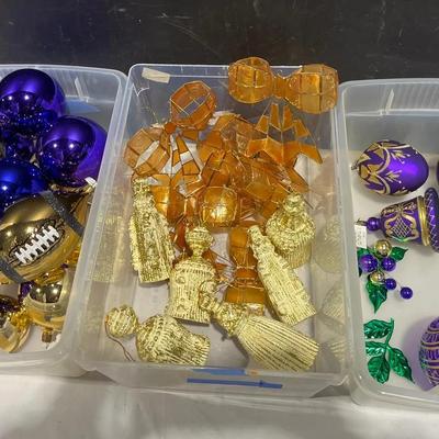 Gold & Purple Christmas Ornaments Including Footballs, Capese Shell Bows, Tassels, Heart, Bell +