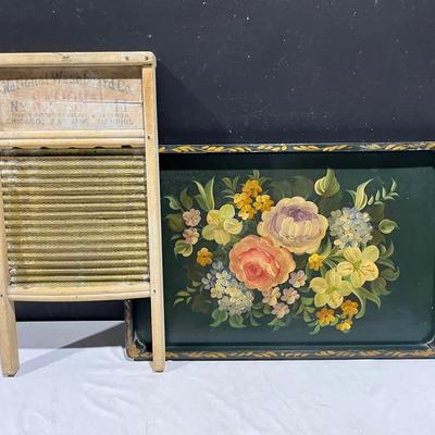 Vintage Handpainted Floral Wooden Serving Tray + National Washboard Co