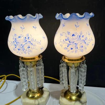 Vintage Hurricane Table Lamp Pair With Milk Glass Blue Floral Shades, Marble Base+ Hanging Prisms