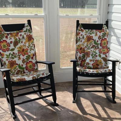 Pair Of Black Wooden Rocking Chairs With Cushions 