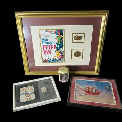 Disney and WB Framed Collection - Walt Disney stamp, Peter Pan Limited Edition Lithograph and more