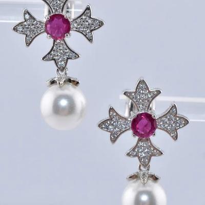 Ruby & 9.5mm Mother of Pearl Maltese Cross Drop Earrings - Possibly Treated