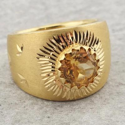 14k Gold 1.8ct Natural Round Cut Citrine Italian Matte Diamond Cut Band Ring 