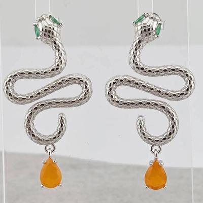 Natural Orange Opal Sterling Silver Snake Earrings 