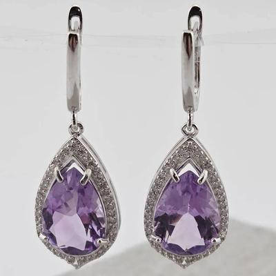6ctw Natural Unheated Amethyst Pear Cut Sterling Silver Earrings 