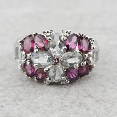 Natural Unheated Rhodolite Garnet & Aquamarine Sterling Silver Cluster Ring
