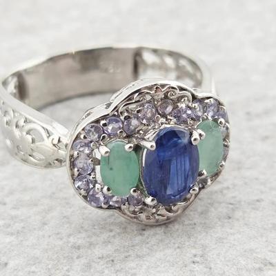 Natural Unheated Kyanite, Emerald, & Tanzanite Sterling Silver Ring 