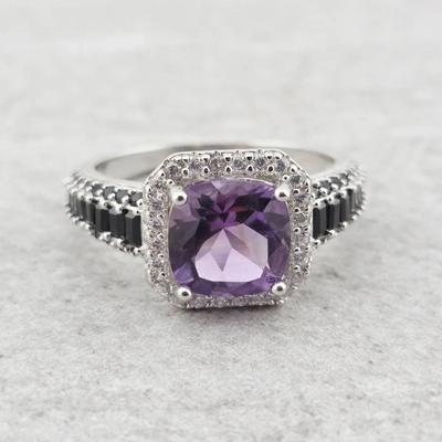 1.5ct Natural Unheated Cushion Cut Amethyst & Spinel Sterling Silver Ring 