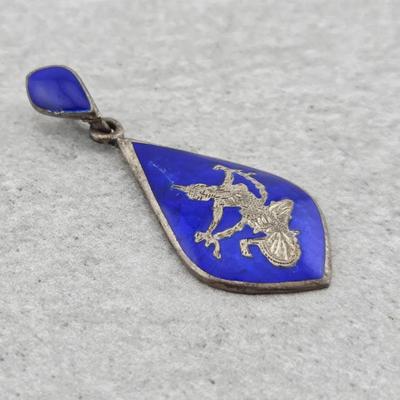 Vtg Sterling Silver Blue Enamel Siam Pendant 