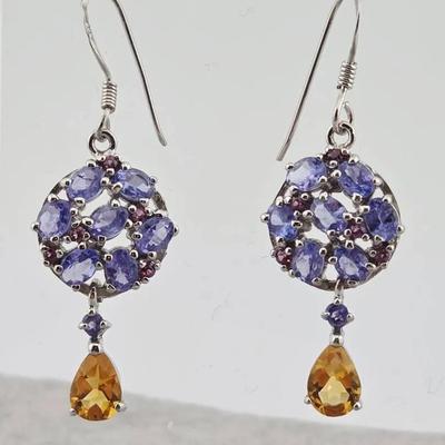 Natural Unheated Tanzanite, Citrine, & Rhodolite Garnet Sterling Silver Earrings 